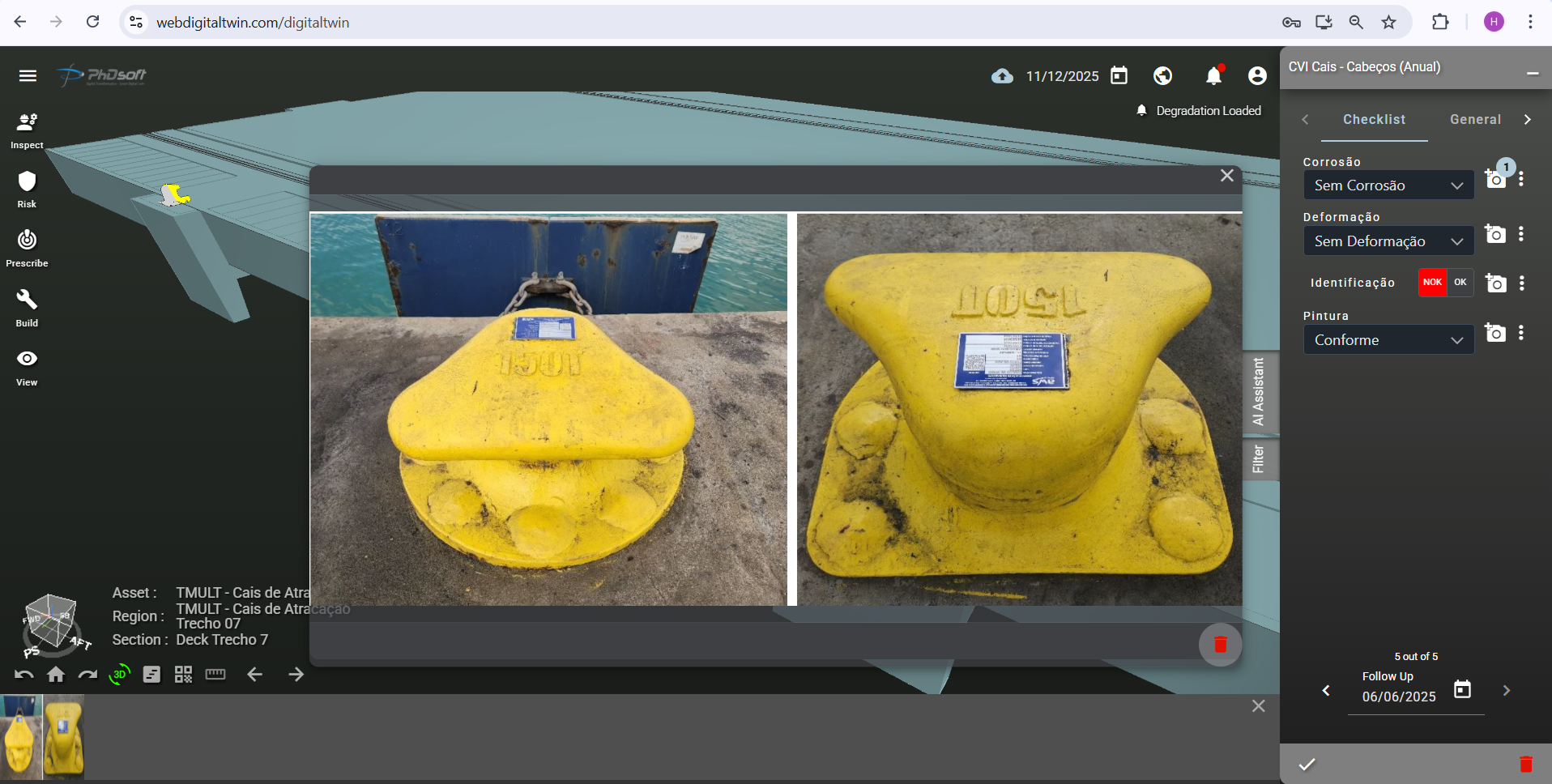 Photographs of a mooring bollard linked to its inspection record in the digital model of the TMULT quay.