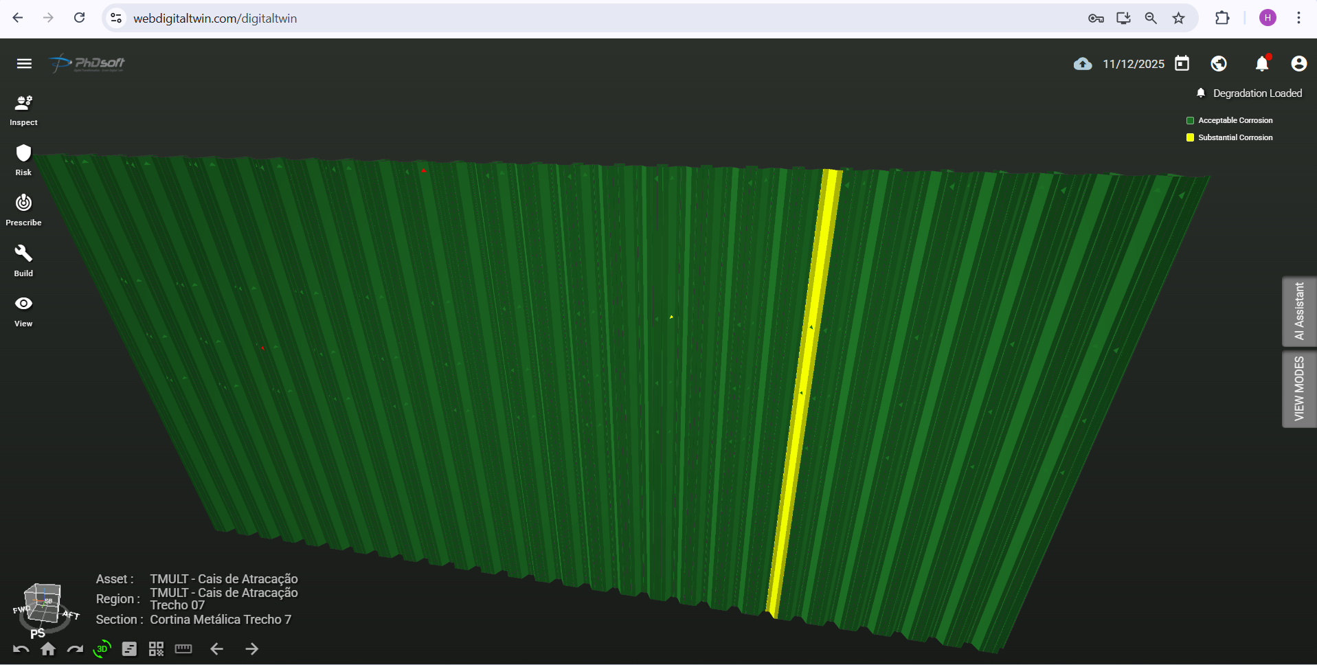 Steel quay wall in section 7 of the TMULT quay, color-coded for relative degradation in the 2025 scenario in Web Digital Twin.