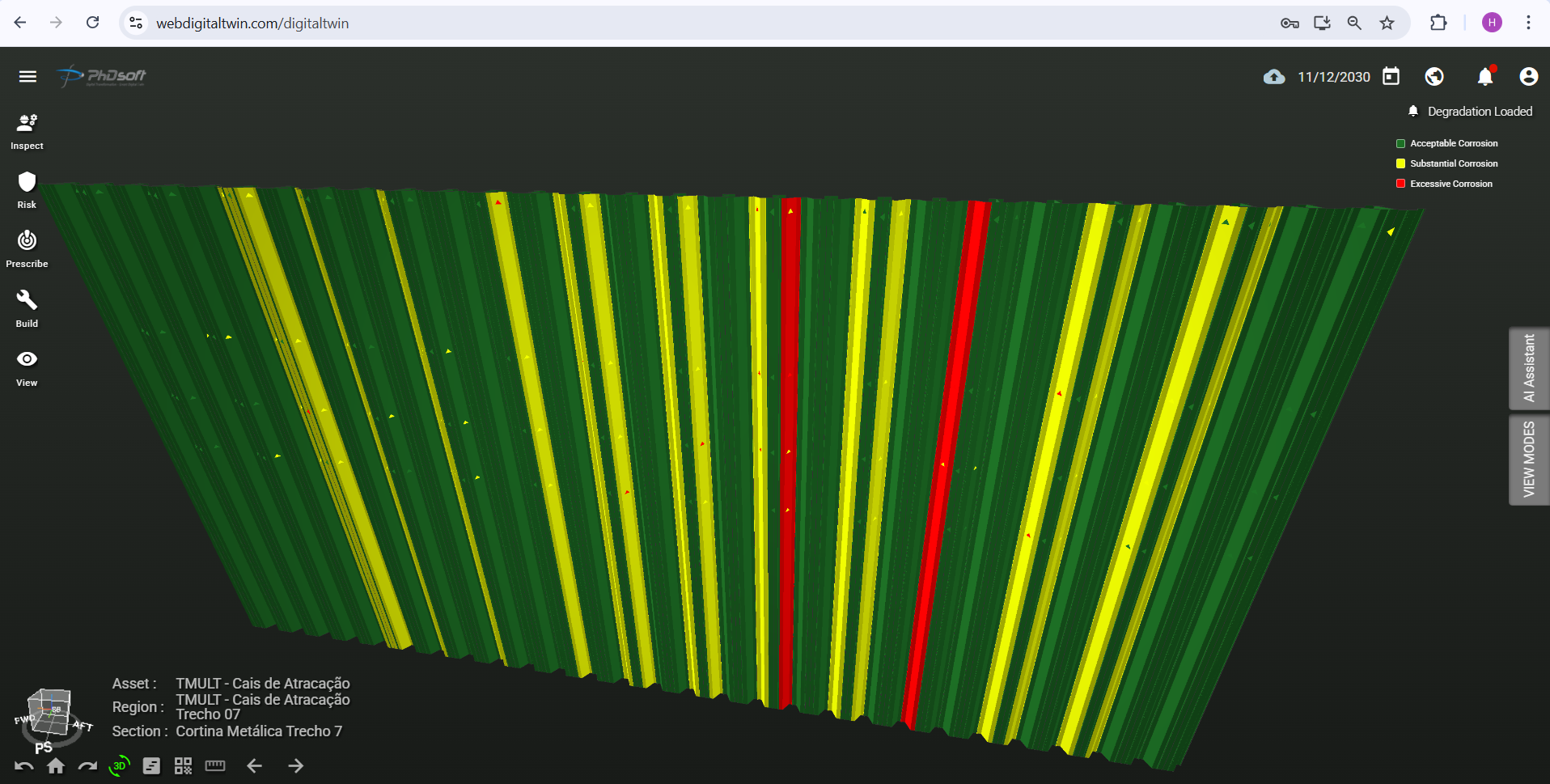 Prospective 2030 scenario for the steel quay wall in section 7 of the TMULT quay, color-coded for relative degradation in Web Digital Twin.