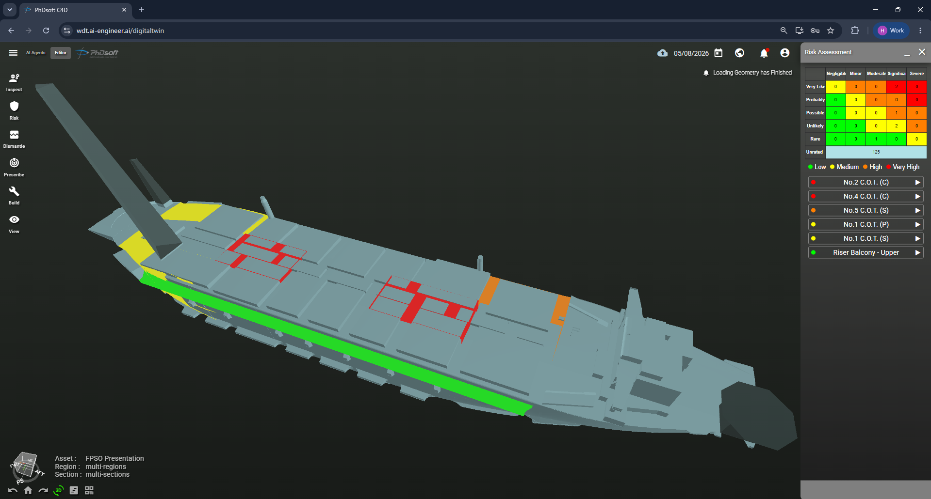 Modelo 3D de un FPSO en el Web Digital Twin, con áreas de color y un panel de evaluación de riesgos.
