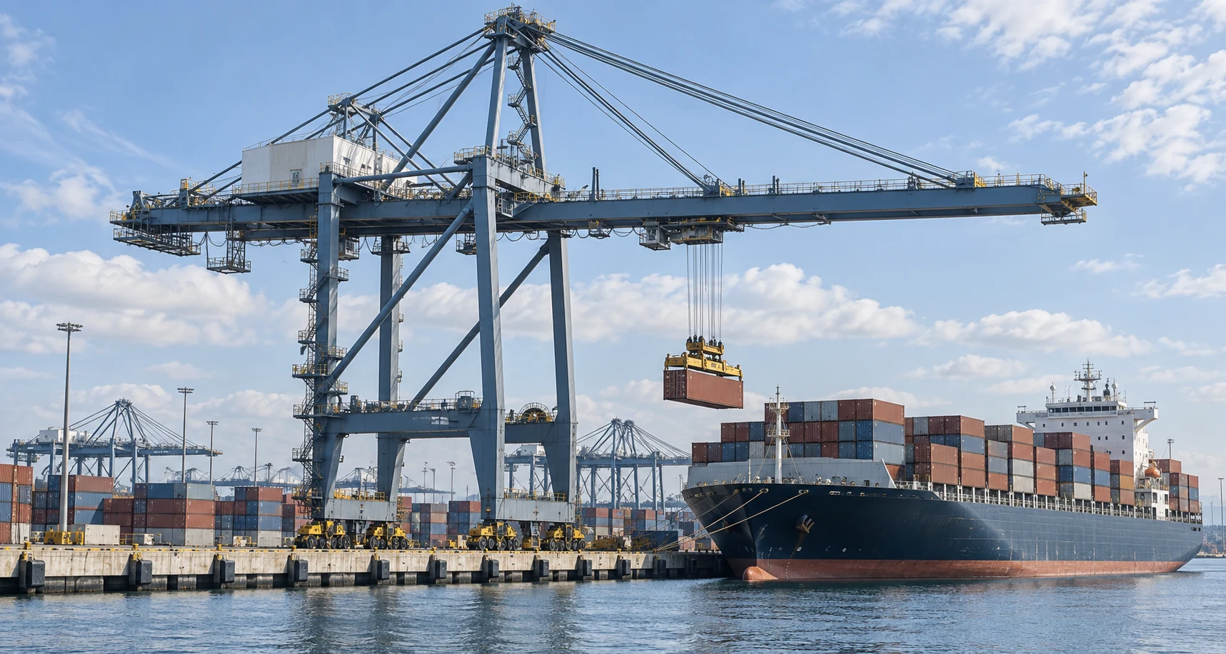 Hafenkran neben einem Containerschiff